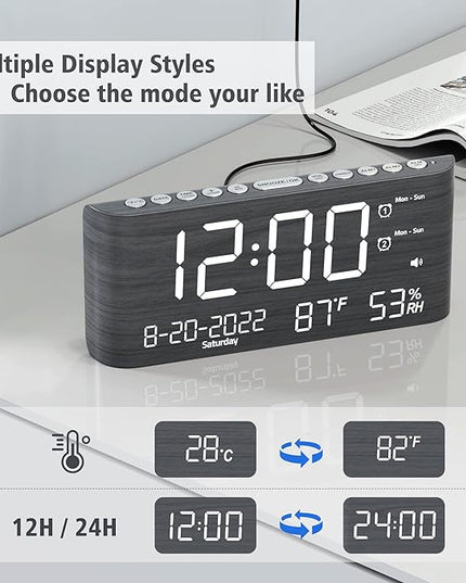 Mesqool Digital Alarm Clock, with Calendar Temperature and Humidity, Loud Volume, Dual Alarm, USB and Type-C Charging Ports, Dimmer, 12/24H, Snooze, Stylish Wood Grain Pattern Digital Clock for Décor
