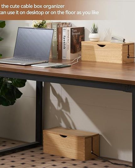 KIRIGEN Cable Management Box Wooden Cord Organizer Hide Power Strip Desk Wires Protector for Home Office TV Computer (DXH2T-NA)