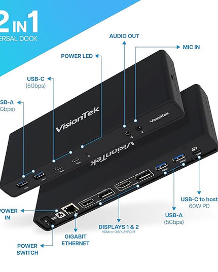 VisionTek VT4500 12in1 Docking Station Dual Monitor 4K – x2 HDMI, x2 DisplayPort, 60W USB-C PD, x4 USB-A 3.0, x2 5Gbps USB-C, 3.5mm Audio Jack, & Ethernet – Compatible with Laptop, PC, and MacBook