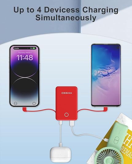 miisso 6000mah Ultra Slim Built in Cables Power Bank, Card Size Built in USB C Cords Battery Pack Portable Charger for Phones, 3 Output External Battery Pack Compatible with iPhone, Red