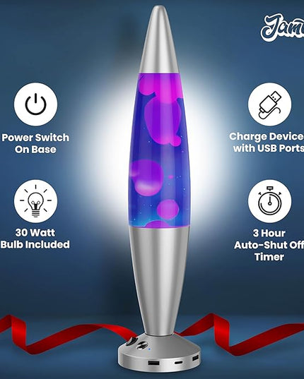 JAMBO Upgraded Motion Lamp – 16" Blue Liquid, Purple Wax – USB Ports, Timer – Night Light for Adults, Teens, Kids – Bedroom, Living Room, Office Décor Lamp
