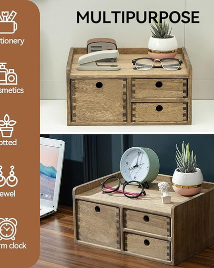 KIRIGEN Desk Organizer with 3 Drawers - Wood Drawer Storage Box with Trays for Tabletop - Workspace Office Toiletries Supplies Tool Caddy - Wooden Storage Cabinet1 Layer Dark Brown（DT1D3C-DBR）