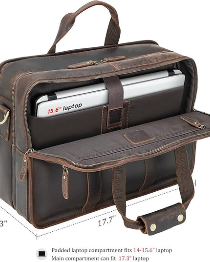 Polare 17'' Full Grain Leather Briefcase Laptop Attache Case Messenger Bag For Men Fits 15.6'' Laptop