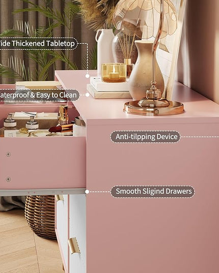 Garvee Fluted Dresser for Bedroom with 6 Drawers,47" Wide Modern Chest of Wooden Bedroom Chest with Metal Handle,Clothes Storage Organizer,Closet Dresser & TV Stand for Living Room,Hallway,6&Pink