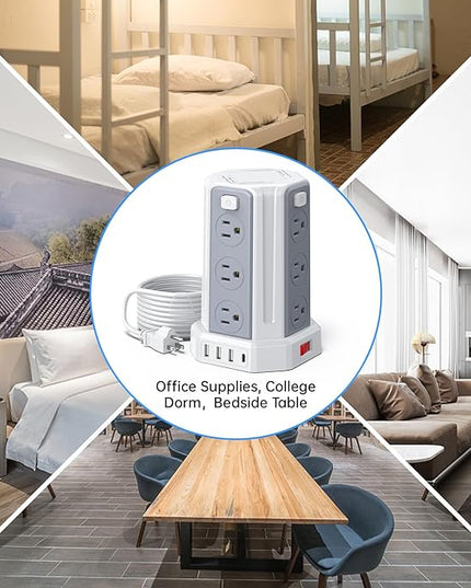 Power Strip Surge Protector, 10 Ft Extension Cord with 12 AC Multiple Outlets 4 USB (1 USB C), SMALLRT Power Tower Desktop Charging Station (White, 10 FT PD20W)
