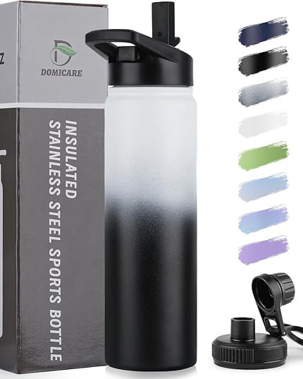 DOMICARE Insulated Water Bottle, 22 oz Vacuum Insulated Stainless Steel Reusable Sports Bottle with Straw Lid & Spout Lid for Travel, Camping, Bike, Leakproof, Black/White, 1 Pack