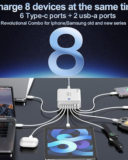 240W Fast Charging Blocks, 8-Port Charging Station for iPhone/Ipad/MacBook, 6C2A PD GaN Charger Box, USB Tower Hub 5ft Braided Power Cord with On/Off Switch, Flat Plug, Travel Essentials