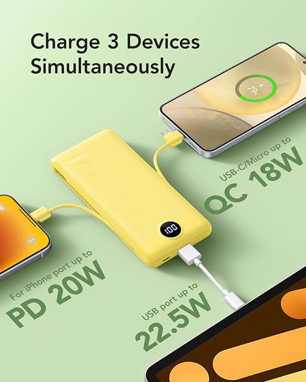 VRURC Portable Charger with Wall Plug, 10000mAh Slim Portable Charger Built in Cables,PD 20W Fast Charging Power Bank with Cords,USB C Portable Phone Charger Travel Accessories -Yellow(1 Pack)