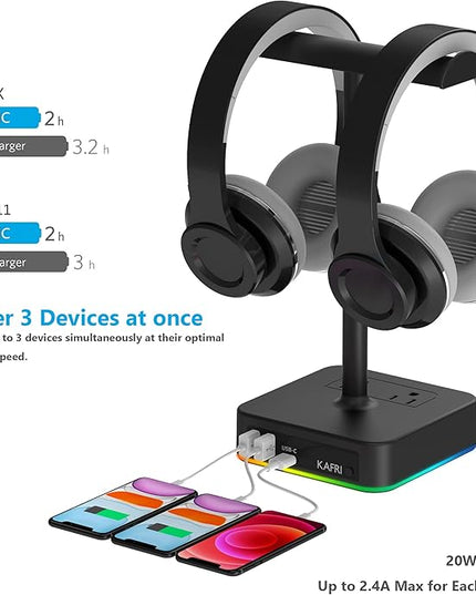 KAFRI RGB Dual Headphone Stand with USB C Charger Desk Gaming Double Headset Holder Hanger Rack with 3 USB Charging Port and 2 Outlet - Suitable for Gamer Desktop Table Game Earphone Accessories Gift