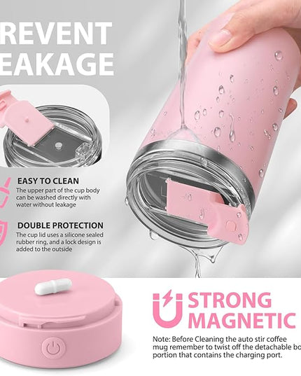 hatisan Self Stirring Coffee Mug With Lid Electric High Speed Self Stirring Mug 400ml Rechargeable Detachable Stainless Steel Self Stirring Cup for Coffee, Milk, Cocoa Christmas Gift(Pink)