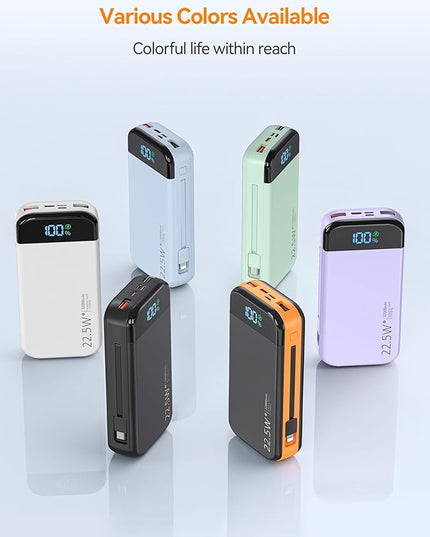 Portable Charger Power Bank Built-in Cables, 32000mAh 22.5W USB C Fast Charging, 5 Outputs 3 Inputs Travel Essentials Battery Pack Compatible with iPhone, iPad, Samsung, Google Pixel, Orange