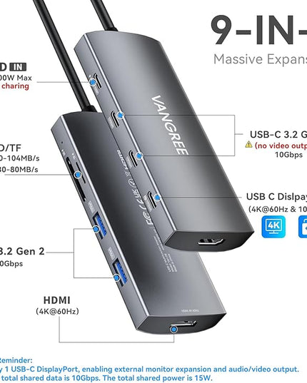 USB C Video Output Hub, 3 USB-C & 2 USB-A 3.2 10Gbps Ports, 4K@60Hz HDMI, 100W PD, SD/TF, USBC Splitter Dual Monitor Adapter for MacBook Pro/Air, iMac, iPad Pro, XPS, Surface, Galaxy S22,Samsung DEX
