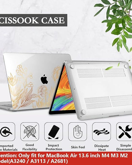 CISSOOK for MacBook Air 13.6 inch Case A3240 A2681 A3113 Release 2022 2023 2024 2025, Plastic Hard Shell Case Keyboard Cover for MacBook Air 13 inch M2 M3 M4, Gold Floral Blossom