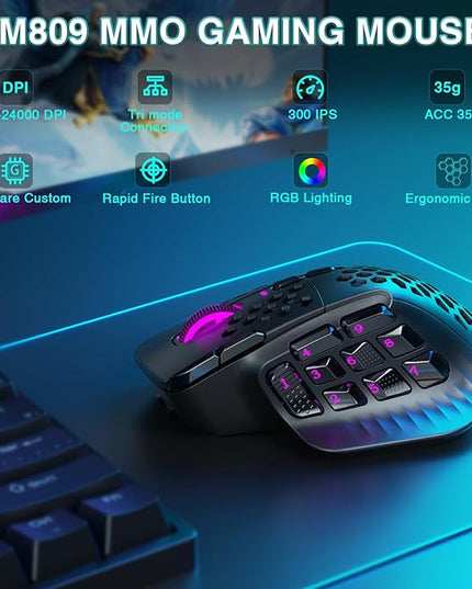 SOLAKAKA SM809 Pro Gaming Mouse with 9 Side Buttons,24000 DPI RGB Mouse for Gamer,16 Programmable Macros MMO Mouse,Black