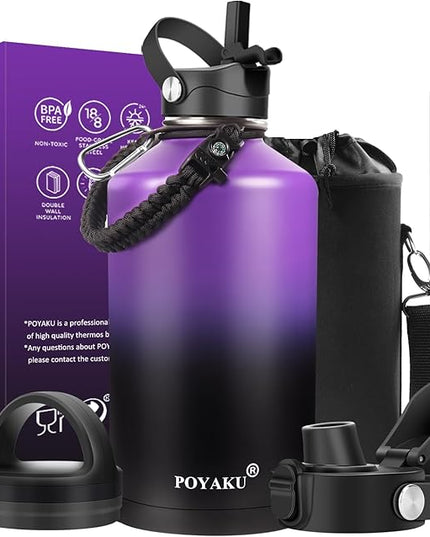 Water Bottle Insulated 32oz 40oz 64oz 128oz Straw Lid Spout Lid & 3 Lids, Leak Proof, Vacuum Insulated,Stainless Steel Water Bottle Wide Mouth for Sports, Gym or Office