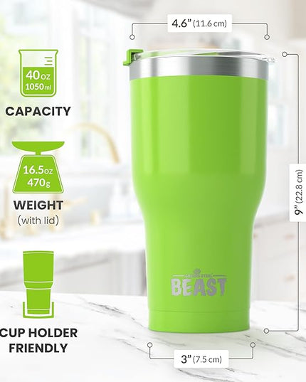 Beast 40 oz Tumbler Stainless Steel Vacuum Insulated Coffee Ice Cup Double Wall Travel Flask (Lemongrass Green)