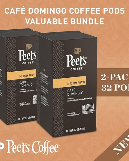 Peet’s Café Domingo Coffee Pods – 32 Count (2 Packs of 16) – Medium Roast with Smooth, Balanced Flavor and Aromatic Finish – Compatible with Pelecom Coffee Machines