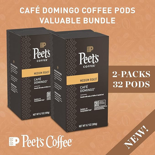 Peet’s Café Domingo Coffee Pods – 32 Count (2 Packs of 16) – Medium Roast with Smooth, Balanced Flavor and Aromatic Finish – Compatible with Pelecom Coffee Machines