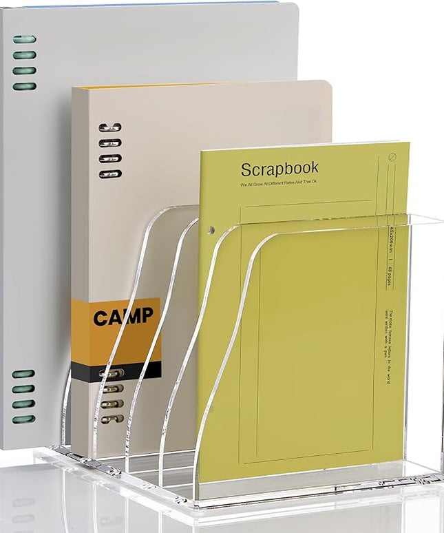 YUXUN Clear Acrylic File Folder Holder - 5 Vertical Compartments Desk Document Sorter, Upright Magazine Rack for Office/Home/Classroom, Stores Documents, Tablets, Magazines, Books & Accessories