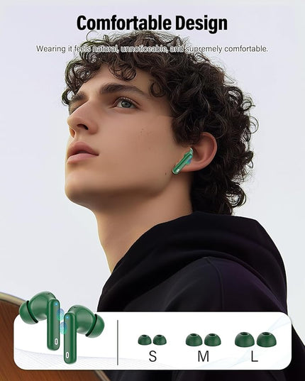 Wireless Earbuds, Bluetooth 5.4 Headphones Bass Stereo, Ear Buds with Noise Cancelling Mic, LED Display in Ear Earphones Clear Calls, IP7 Waterproof Bluetooth Earbuds for Laptop/Phones/Sports, Green