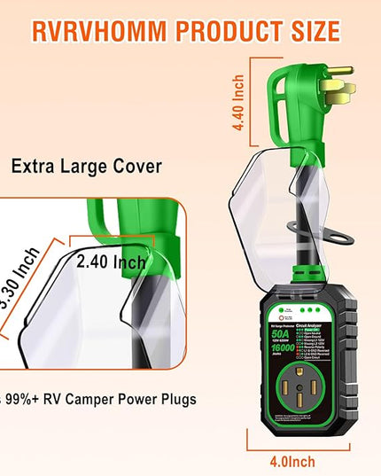 RV Surge Protector 50 Amp Flag Design - Upgraded 16000J Power Surges Voltage Protection Circuit Analyzer IP68 Waterproof Cover for 50A RVS Camper Trailer Must Haves (50Amp, Green)