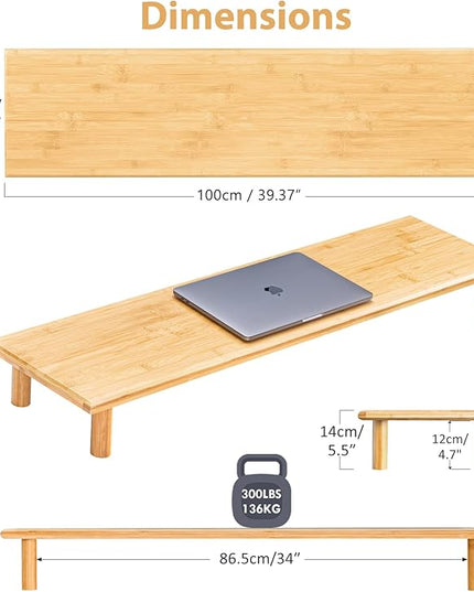 Bamboo Dual Monitor Shelf, Monitor Stand Riser with Underneath Storage for Desk Office Supplies, Supports Heavy TV up to 300 lbs, Natural