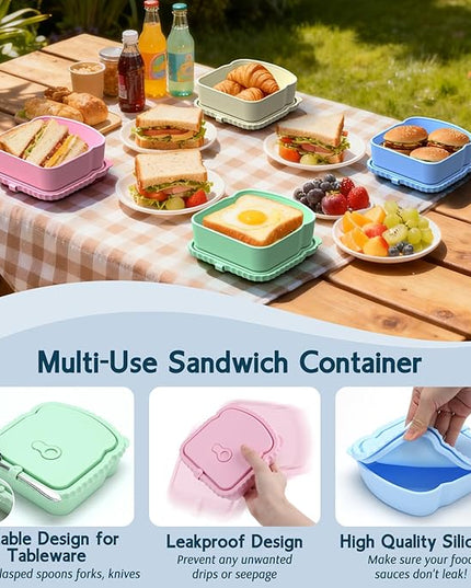 4 Pack Sandwich Containers, Reusable Snack Containers & Sandwich Box for Breakfast, Leak-Proof Lunch Containers Sandwich Bags for Picnic, Office, Travel