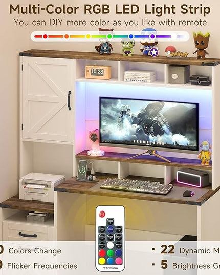Farmhouse Executive Desk 51" Computer Desk with 2 Drawers Storage Cabinet and RGB LED Lights Power Outlets, Wood Home Office Desk with Hutch and Monitor Stand for Work Study Writing, Rustic White