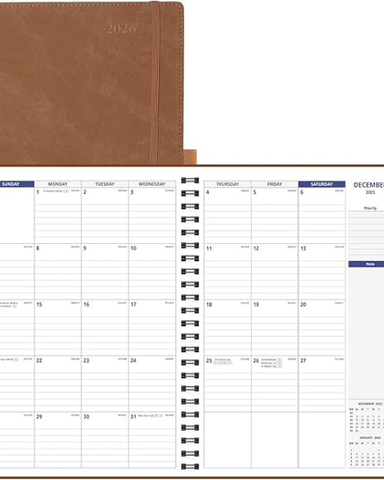 POPRUN 2026-2027 Monthly Planner A4 Size, 16 Months Calendar (Dec 2025-Mar 2027), 2 Pages per Month with Dotted & Lined Note, Monthly Tabs, Spiral Softcover, 2 Inner Pockets - Brown
