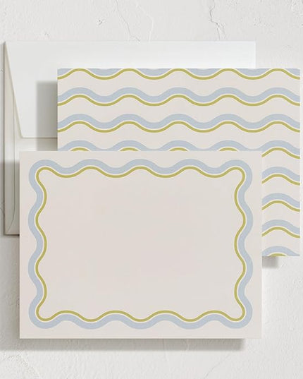 Minted Squiggled Stationery Set, Set of 10, Flat Note Cards & Envelopes for Invitiations and Handwritten Thank You Messages, Pale Blue & Chartreuse Border, Gifts for Men and Women, Luxurious Paper