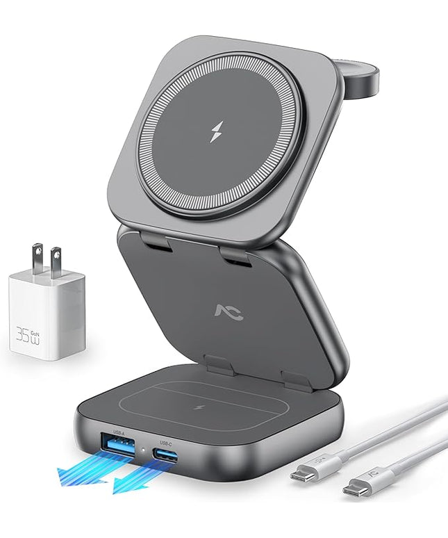 5-in-1 Wireless Charger for MagSafe, AC ISLAND Portable Travel Charging Station, 35W Max Fast Foldable Magnetic Stand, Evolved for iPhone 17-12 & Air Series, Apple Watch, AirPods (with 35W Adapter)