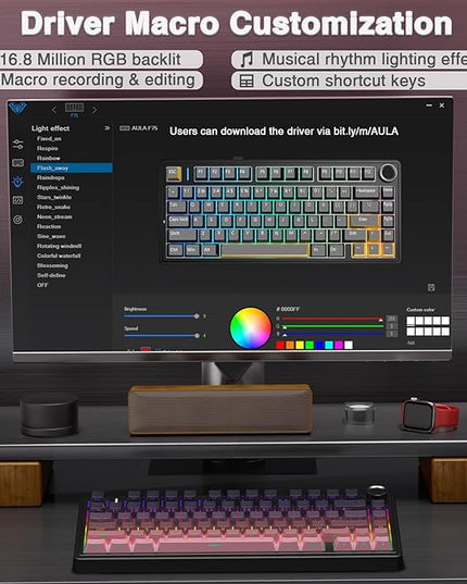 AULA F75 Pro Wireless Mechanical Keyboard,75% Hot Swappable Custom Keyboard,RGB Backlit,Pre-lubed Reaper Switches,Side Printed PBT Keycaps Mechanical Gaming Keyboards, Pink&Black