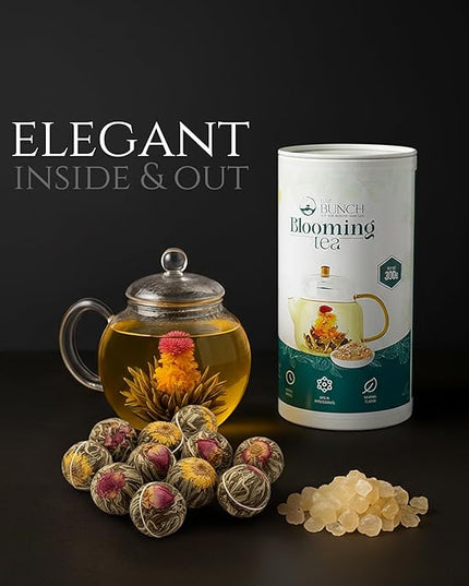 Tea Bunch Blooming Flower Tea Set – 12x2 Hand-Tied Organic Green Tea Balls with 24 Packs of Rock Sugar, Gift-Ready Packaging, Calming Floral Tea for Wellness & Relaxation (Glass Teapot Not Included)