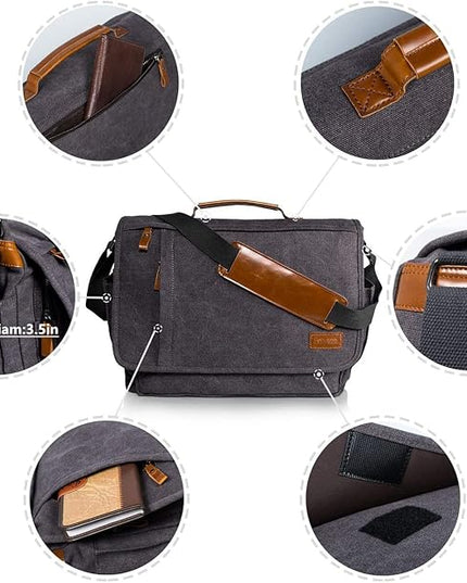 ESTARER Laptop Messenger Bag 17-17.3 Inch Water-resistant Canvas Shoulder Bag for Work College, Grey
