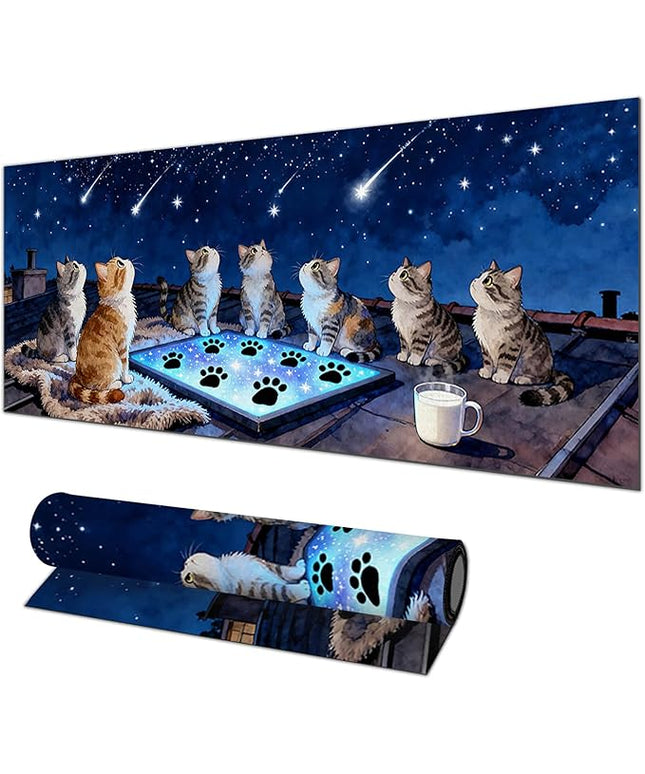 XL Mouse Pad Gaming Mousepad 31.5 x 11.8 Inch Large Keyboard Desktop Mat Diatomite Mouse Pad for Home and Office Desk Accessories with Rooftop Starry Sky Cat Artwork