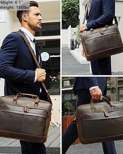Masa Kawa Leather Briefcase for Men 17/15.6" Laptop Crossbody Shoulder Messenger Bag Business Travel Work Attache Case