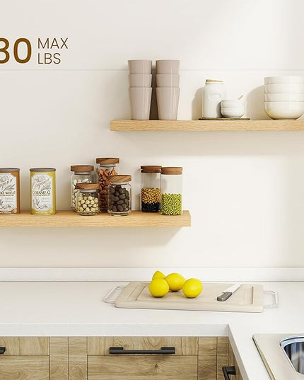 Dreamland 30Inch Floating Shelves for Wall, Rustic Wooden Floating Shelves for Bathroom|Bedroom|Kitchen, 2 Pack Deep Wall Mounted Book Shelf, Wood Storage Display Shelf for Home Decor, Oak
