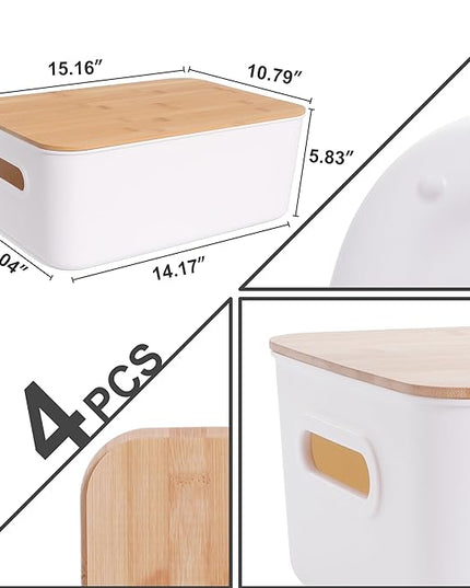 Citylife 4 PCS Storage Bins with Lids Plastic Storage Containers for Organizing Stackable Storage Box with Handle, 15.16 x 10.79 x 5.83 inch (White, 4 PCS-Large)