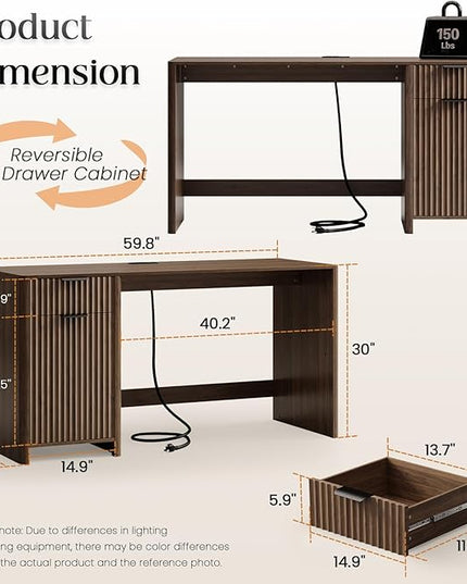 60" Fluted Home Office Desks with Storage, Modern Executive Desk Computer Desk with Drawer & Cabinet, Wood Work Desk for Office, Bedroom, Study, Living Room, Walnut