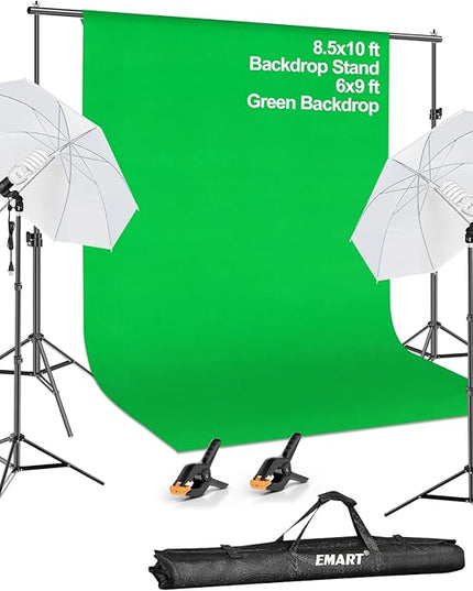 EMART 8.5X10 FT Green Screen Backdrop Kit, Photography Umbrella with 5500K Bulbs, 6X9 FT Green Backdrop with Spring Clamps, Professional Photography Lighting kit for Studio, Portrait, Video Shooting
