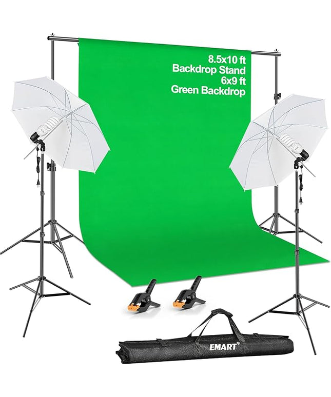 EMART 8.5X10 FT Green Screen Backdrop Kit, Photography Umbrella with 5500K Bulbs, 6X9 FT Green Backdrop with Spring Clamps, Professional Photography Lighting kit for Studio, Portrait, Video Shooting