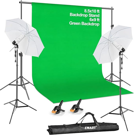EMART 8.5X10 FT Green Screen Backdrop Kit, Photography Umbrella with 5500K Bulbs, 6X9 FT Green Backdrop with Spring Clamps, Professional Photography Lighting kit for Studio, Portrait, Video Shooting