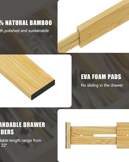 Bamboo Drawer Dividers,17-22" Adjustable Kitchen Drawer Organizer for Clothes,6 Pack Expandable Drawer Organization Separators for Bedroom,Bathroom,Dresser and Office,Natural