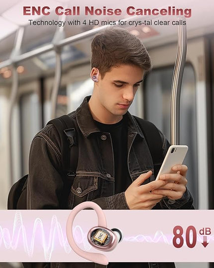 Wireless Earbuds Sport, New Bluetooth 5.4 Headphones with Earhooks, 50H Stereo Deep Bass Over Ear Buds with 4 ENC Noise Canceling Mics, IP7 Waterproof Earphones for Running Workout Gym -Rose