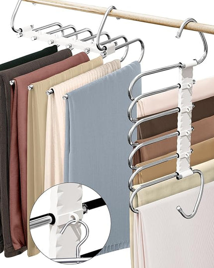 Upgrade 6 Layers Pants Hangers Space Saving, 2 Pack Non Slip Stainless Steel Multifunctional Pants Rack S-Type Pant Closet Hanger Organizer with Hooks for Pants Leggings Trousers, Antiquewhite