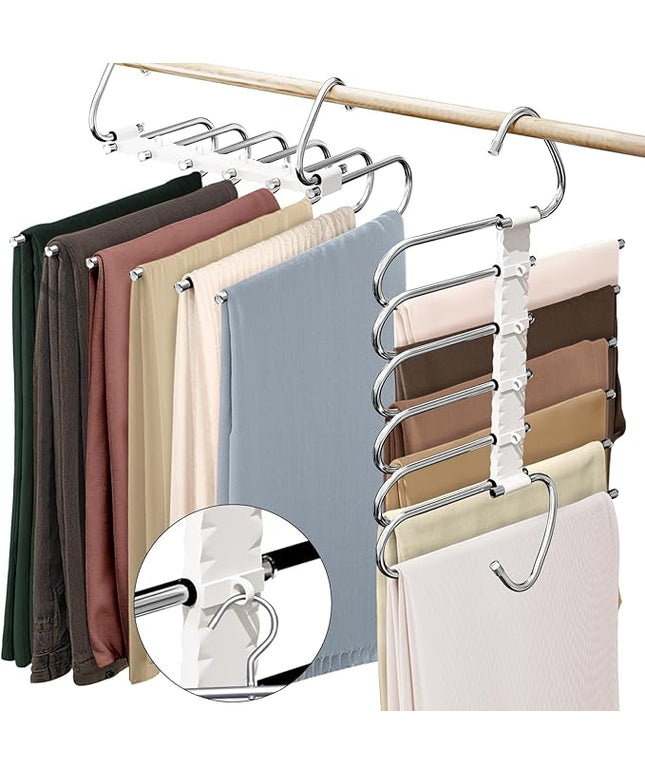 Upgrade 6 Layers Pants Hangers Space Saving, 2 Pack Non Slip Stainless Steel Multifunctional Pants Rack S-Type Pant Closet Hanger Organizer with Hooks for Pants Leggings Trousers, Antiquewhite