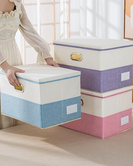 PRANDOM Large Collapsible Storage Bins with Lids [3-Pack] Fabric Foldable Storage Boxes Organizer Containers Baskets Cube with Cover for Home Bedroom Closet Office Pink&Cream(17.7x11.8x11.8)