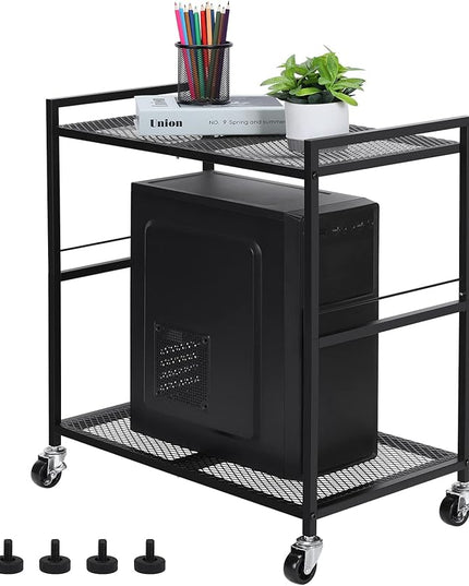 YBING Computer Tower Stand, PC Tower Stand Metal Mobile CPU Holder Stand Cart with Caster Wheels 2 Tier Rolling Printer Cart Under Desk for Fax Home Office Black
