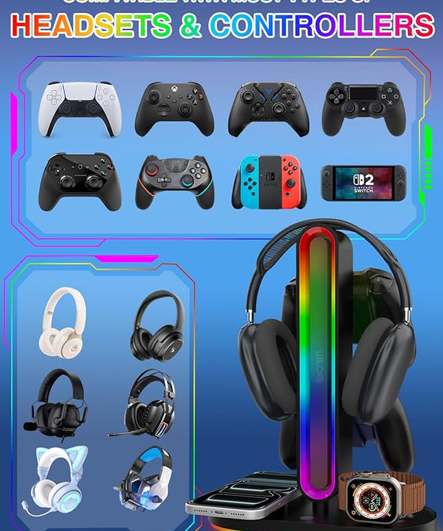 RGB Headset Stand with Wireless Charger, 8-in-1 Charging Station for iPhone, Samsung, Apple Watch Type-C/USB Ports, Gaming Headphone & Controllers Holder, Organizer for Desk Includes 20W PD Adapter