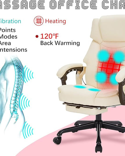Massage Office Chair with Foot Rest 6 Points Vibration and Heat Home Office Desk Chairs for Heavy People 400lbs Reclining Managerial Chairs Ergonomic Executive Chair (Cream)